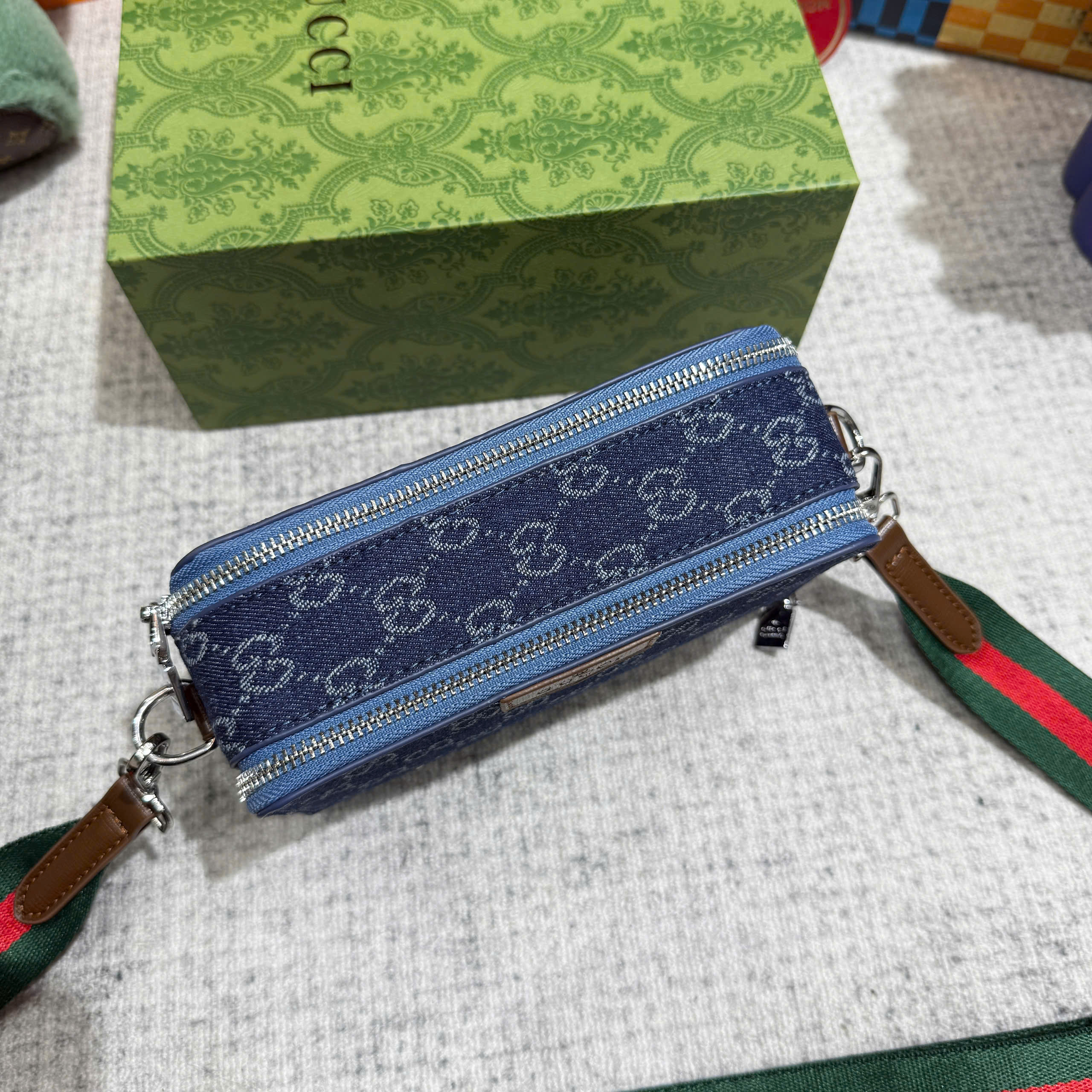 Túi hộp đeo chéo Gucci GC Xanh jean họa tiết monogram logo GG size 18cm Like Auth on web fullbox bill thẻ PLD